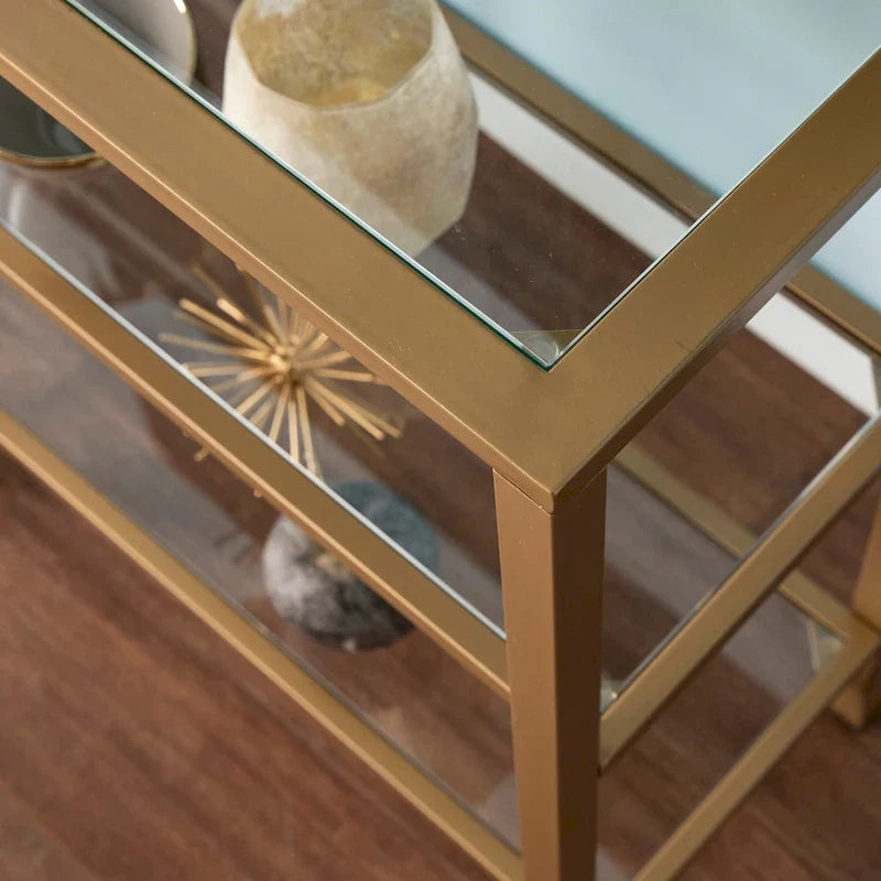 Jensen Gold Metal Console Table with Glass Shelves by SEI Furniture - Narrow Design 2