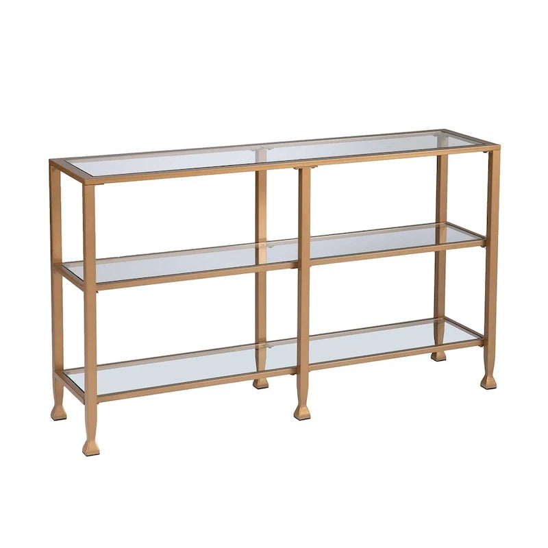 Jensen Gold Metal Console Table with Glass Shelves by SEI Furniture - Narrow Design 4