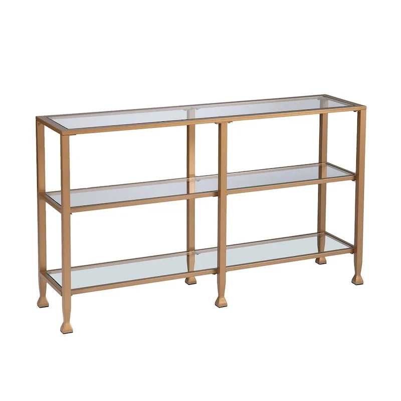 Jensen Gold Metal Console Table with Glass Shelves by SEI Furniture - Narrow Design 6