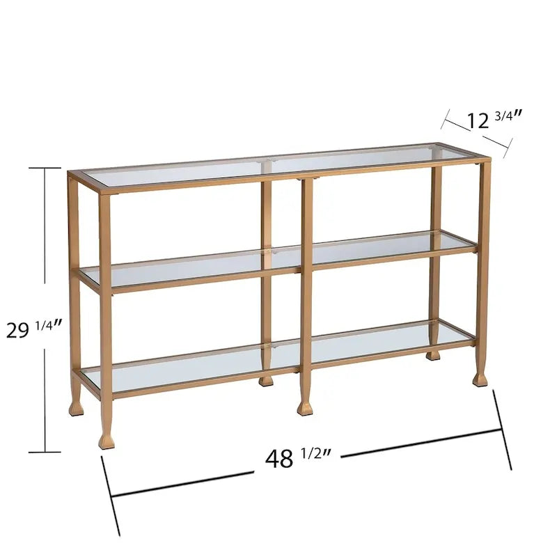 Jensen Gold Metal Console Table with Glass Shelves by SEI Furniture - Narrow Design 10