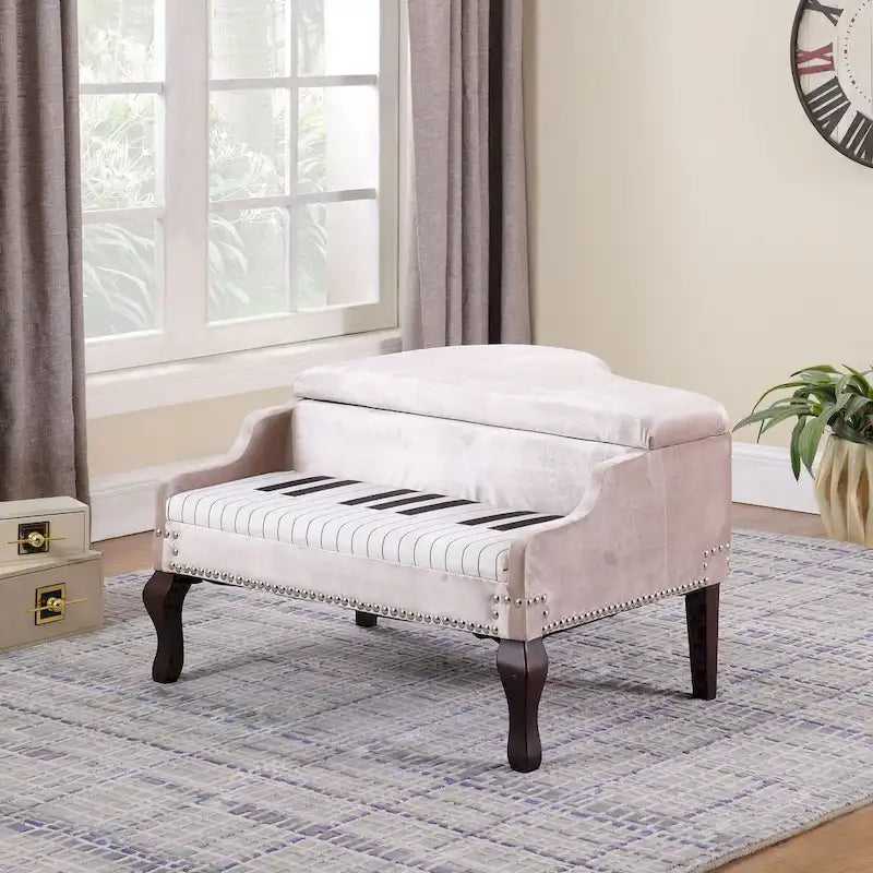 21-Inch Beige Upholstered Piano Ottoman with Nailhead Trim for Living Room 1