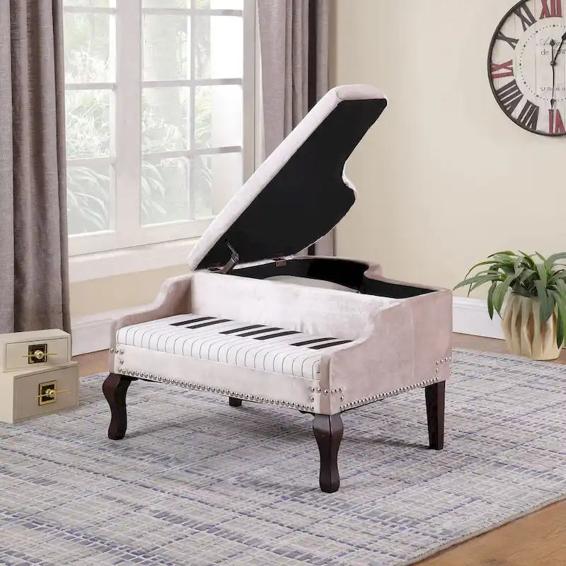 21-Inch Beige Upholstered Piano Ottoman with Nailhead Trim for Living Room 2