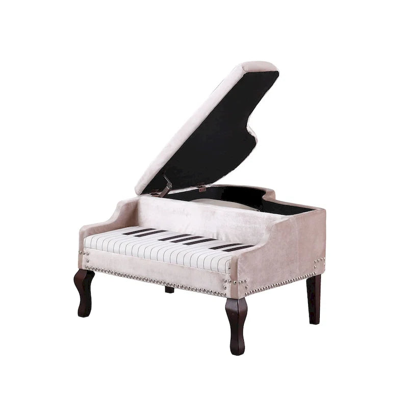 21-Inch Beige Upholstered Piano Ottoman with Nailhead Trim for Living Room 3