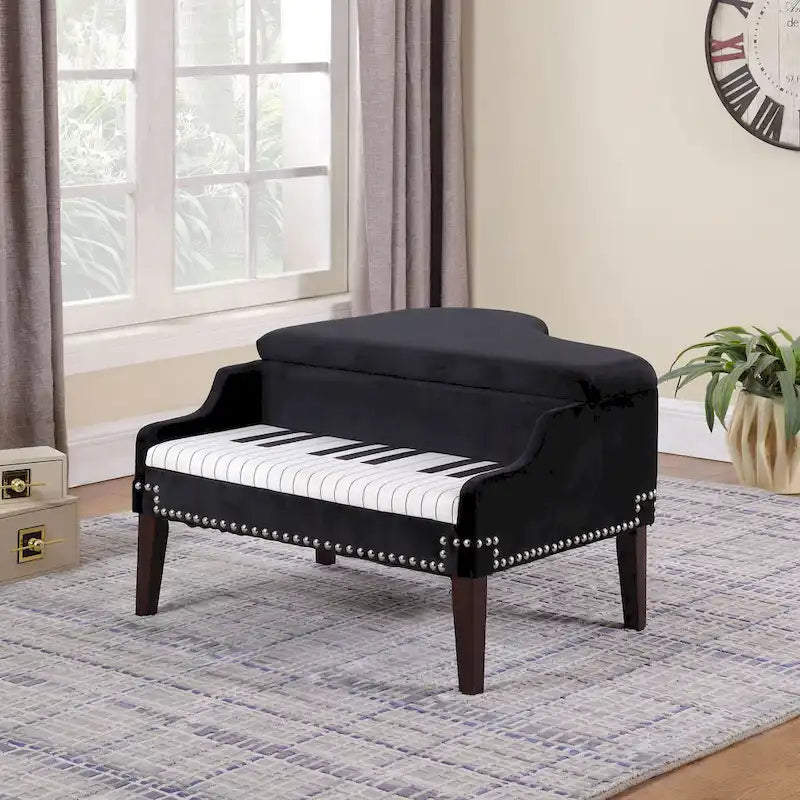 21-Inch Beige Upholstered Piano Ottoman with Nailhead Trim for Living Room 5