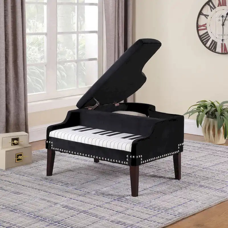 21-Inch Beige Upholstered Piano Ottoman with Nailhead Trim for Living Room 6