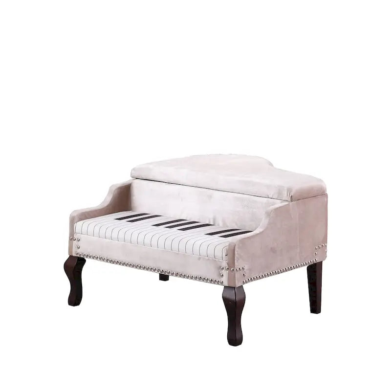 21-Inch Beige Upholstered Piano Ottoman with Nailhead Trim for Living Room 9