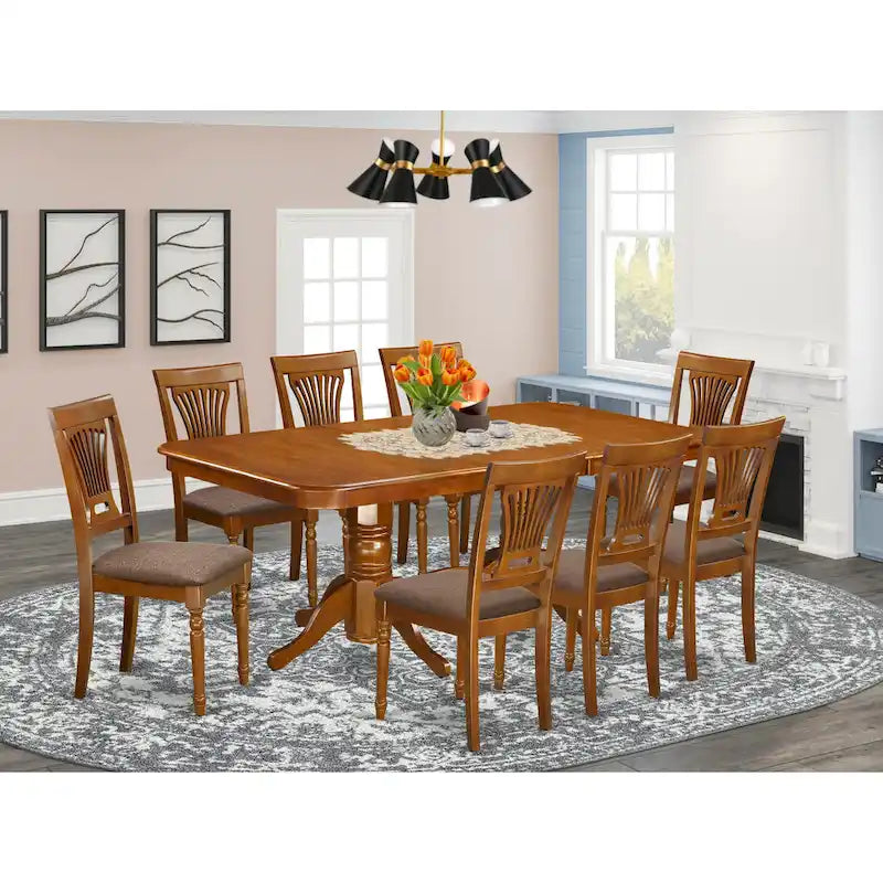 East West Furniture 9-Piece Saddle Brown Kitchen Dining Set - Rectangular Table with 8 Chairs (Various Seat Options) 1