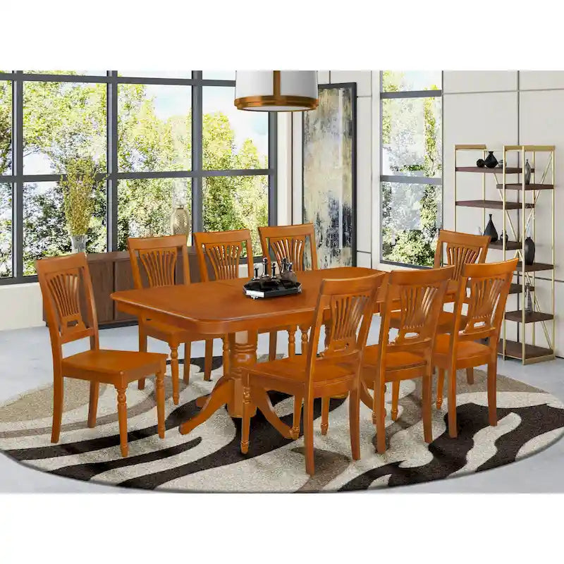 East West Furniture 9-Piece Saddle Brown Kitchen Dining Set - Rectangular Table with 8 Chairs (Various Seat Options) 9