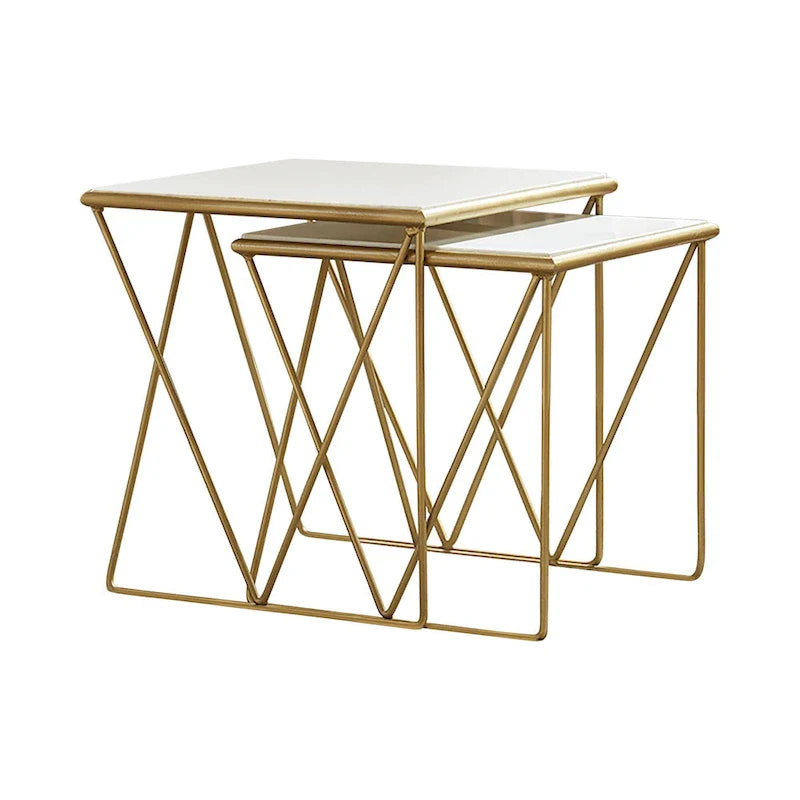 Set of 2 Marble Top Nesting Tables with Geometric Gold Base, White Finish 1