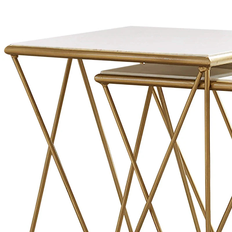 Set of 2 Marble Top Nesting Tables with Geometric Gold Base, White Finish 2