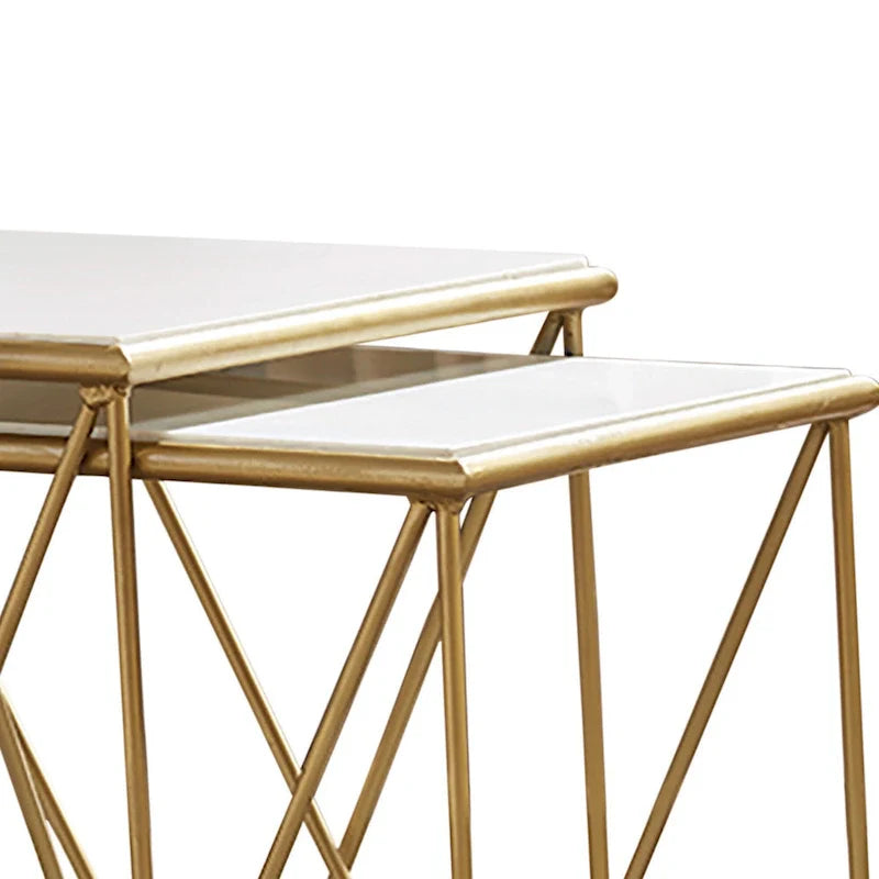 Set of 2 Marble Top Nesting Tables with Geometric Gold Base, White Finish 3