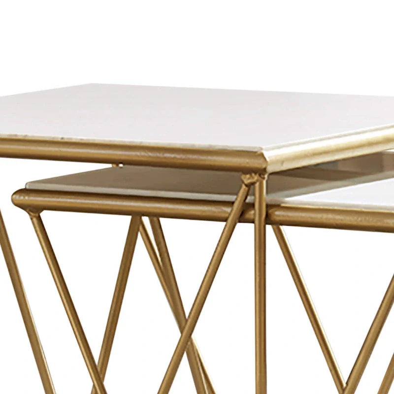 Set of 2 Marble Top Nesting Tables with Geometric Gold Base, White Finish 4