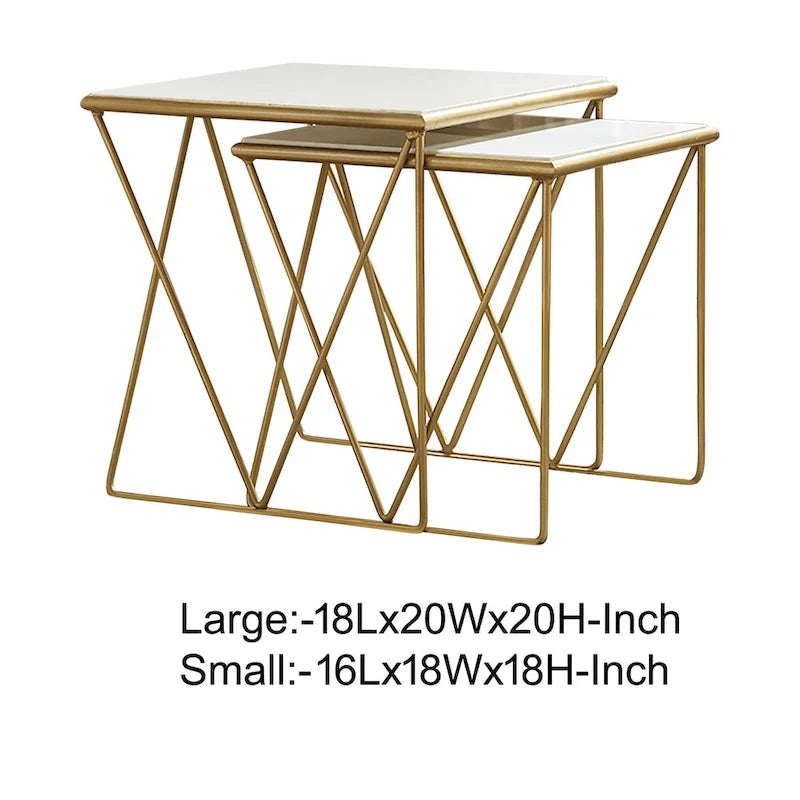 Set of 2 Marble Top Nesting Tables with Geometric Gold Base, White Finish 5
