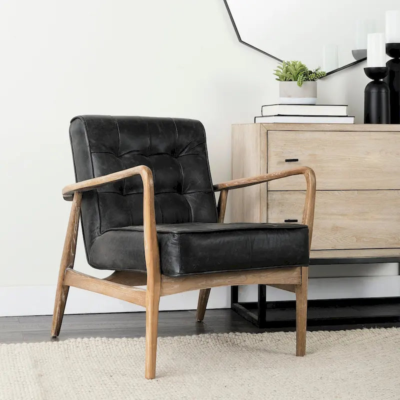 Phineas Black Genuine Leather Accent Chair with Brown Solid Wood Frame