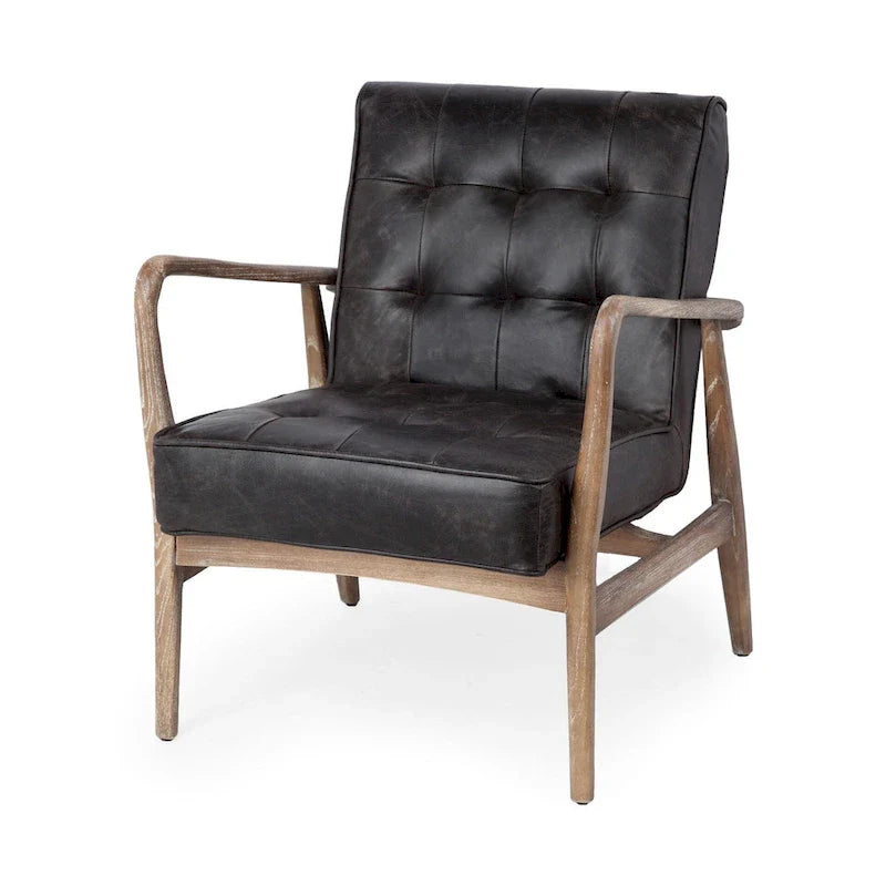Phineas Black Genuine Leather Accent Chair with Brown Solid Wood Frame 3