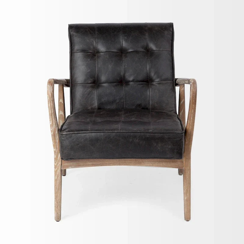Phineas Black Genuine Leather Accent Chair with Brown Solid Wood Frame 4
