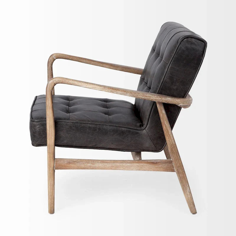 Phineas Black Genuine Leather Accent Chair with Brown Solid Wood Frame 5