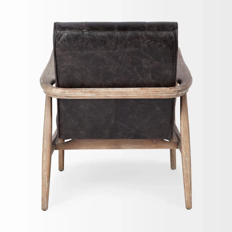 Phineas Black Genuine Leather Accent Chair with Brown Solid Wood Frame 6