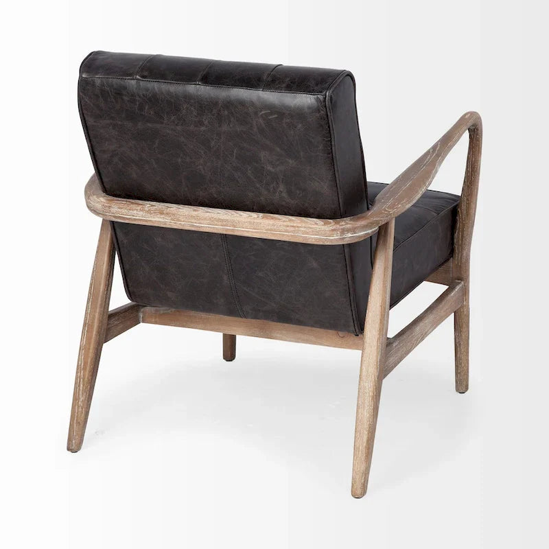 Phineas Black Genuine Leather Accent Chair with Brown Solid Wood Frame 7