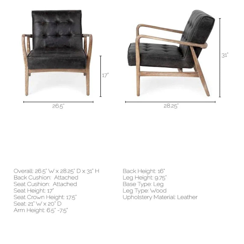 Phineas Black Genuine Leather Accent Chair with Brown Solid Wood Frame 11