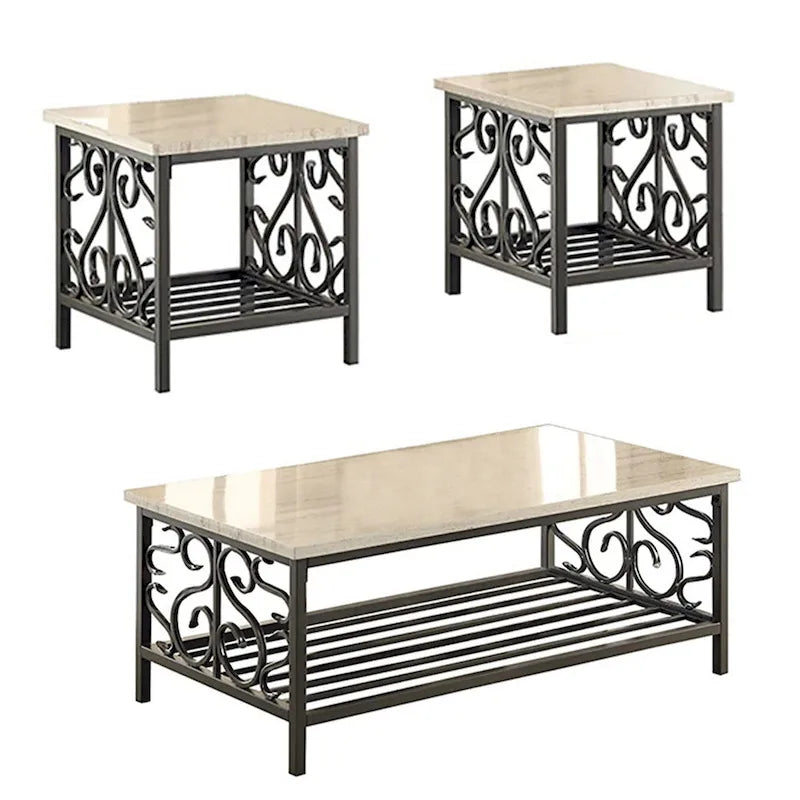 3-Piece Cream and Gray Faux Marble Table Set with Stylish Metal Frame 1