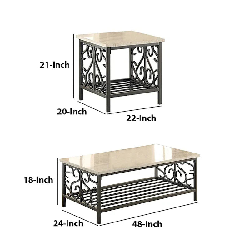 3-Piece Cream and Gray Faux Marble Table Set with Stylish Metal Frame 5
