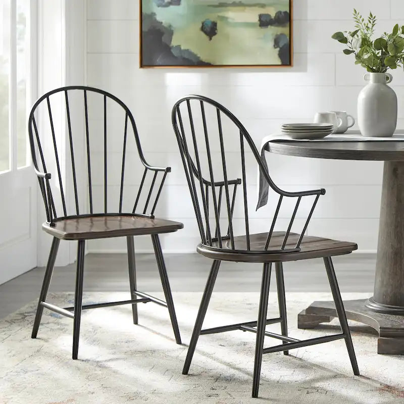 Set of 2 Farmhouse Spindle Arm Chairs Metal Frame with Wood Seat 6
