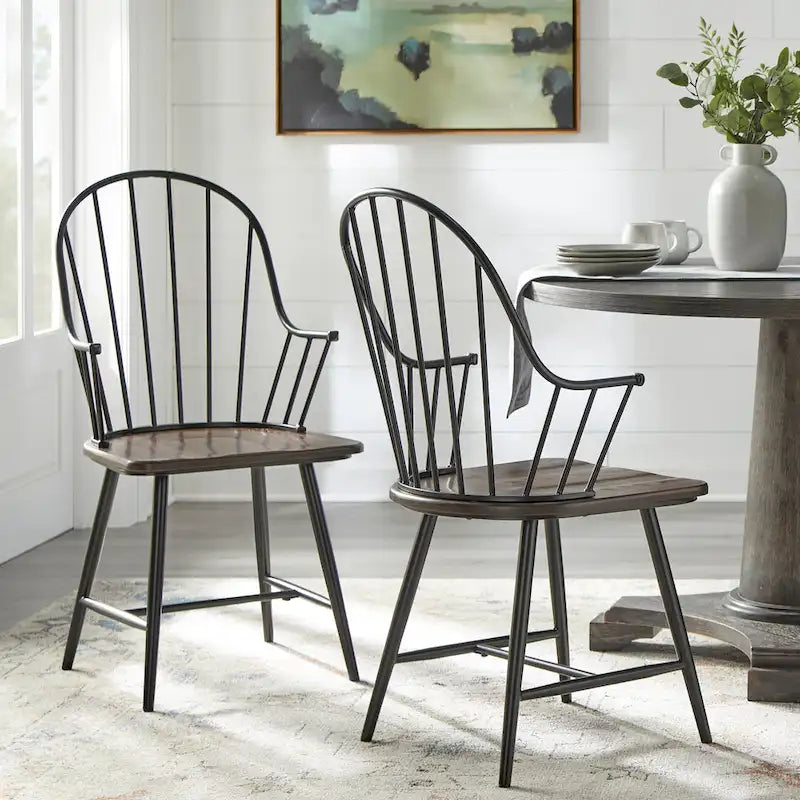 Set of 2 Farmhouse Spindle Arm Chairs Metal Frame with Wood Seat