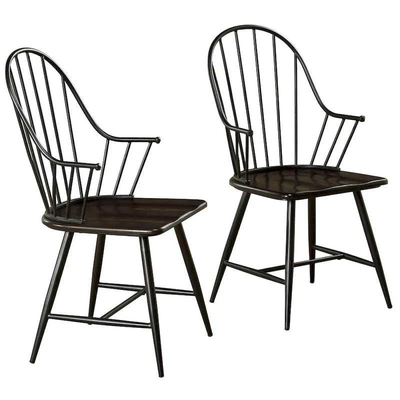 Set of 2 Farmhouse Spindle Arm Chairs Metal Frame with Wood Seat