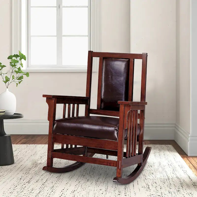 Mission Style Rocking Chair with Leather Upholstered Seat and Back in Tobacco and Dark Brown 1