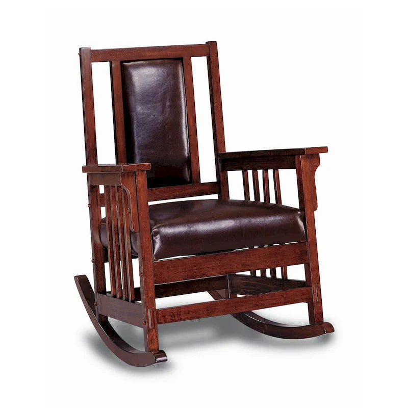 Mission Style Rocking Chair with Leather Upholstered Seat and Back in Tobacco and Dark Brown 2