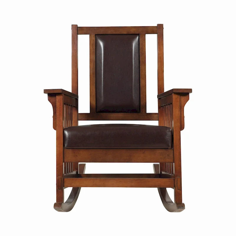 Mission Style Rocking Chair with Leather Upholstered Seat and Back in Tobacco and Dark Brown 3