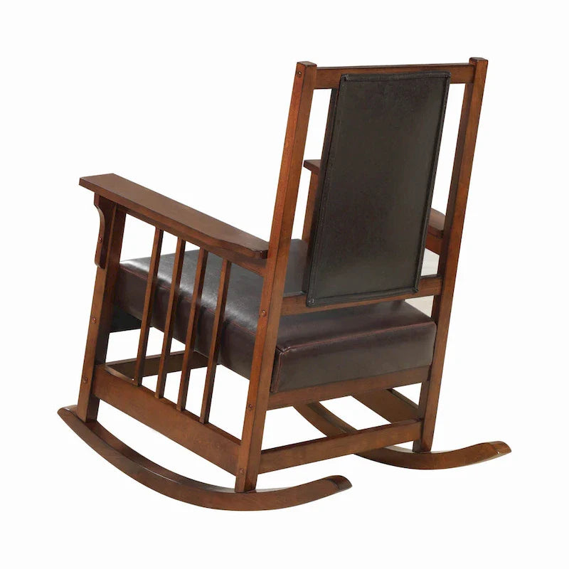 Mission Style Rocking Chair with Leather Upholstered Seat and Back in Tobacco and Dark Brown 4