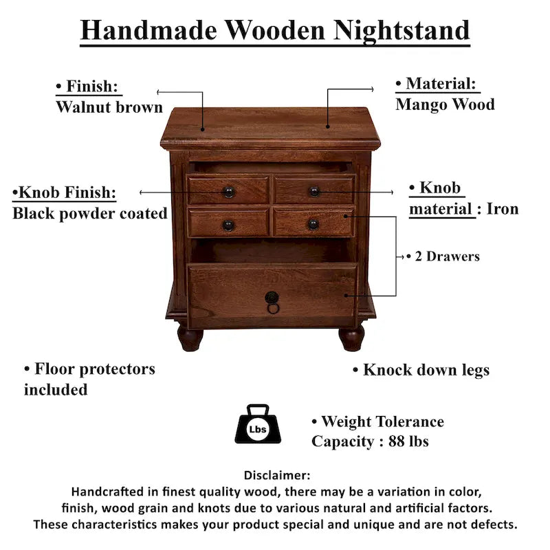 26-Inch Artisan Nightstand with 2 Drawers, Black Powder-Coated Knobs, Walnut Brown Mango Wood 6