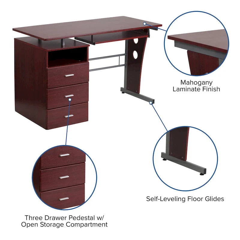 3-Drawer Pedestal Computer Desk with Keyboard Tray 3