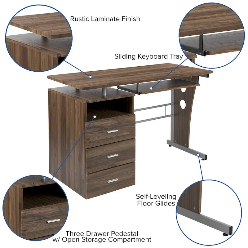 3-Drawer Pedestal Computer Desk with Keyboard Tray 15