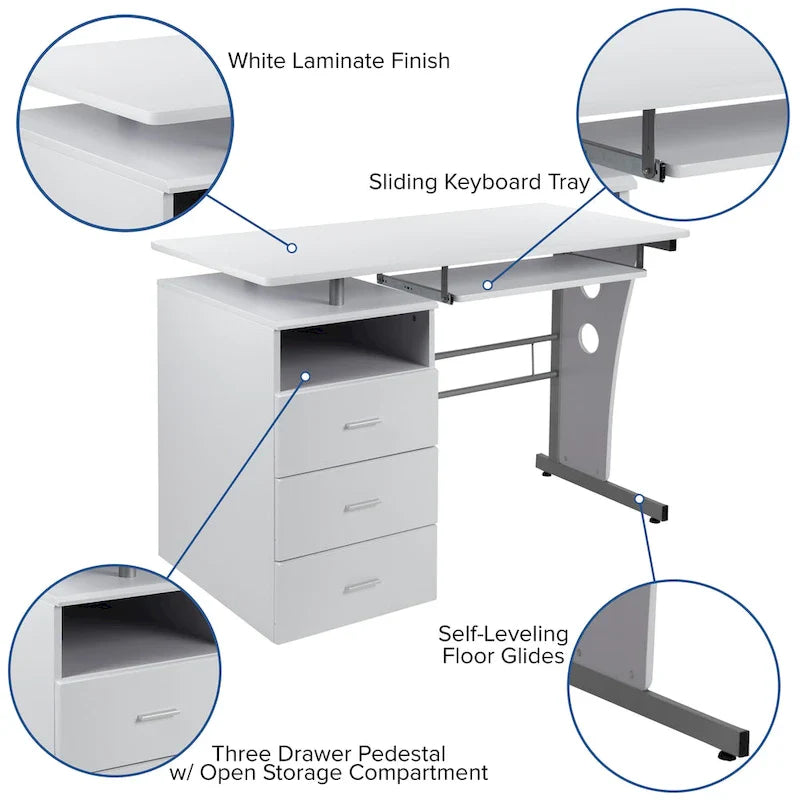 3-Drawer Pedestal Computer Desk with Keyboard Tray 26
