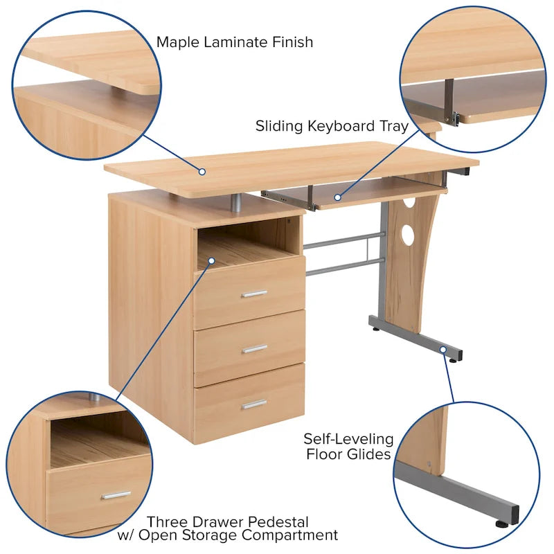 3-Drawer Pedestal Computer Desk with Keyboard Tray 37