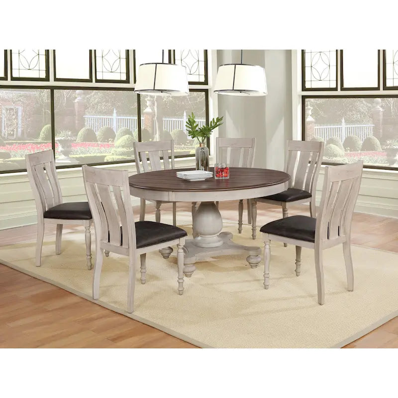7-Piece Round Dining Set – Traditional Two-Tone Pedestal Table with 6 Chairs