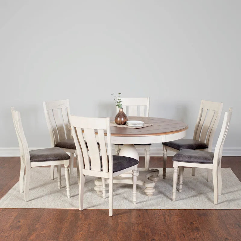 7-Piece Round Dining Set – Traditional Two-Tone Pedestal Table with 6 Chairs