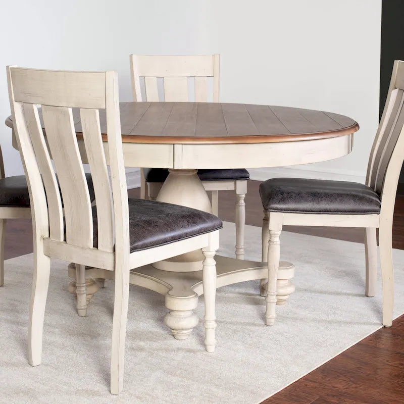 Roundhill Furniture 5-Piece Dining Set: Round Weathered Oak Table with 4 Chairs 3