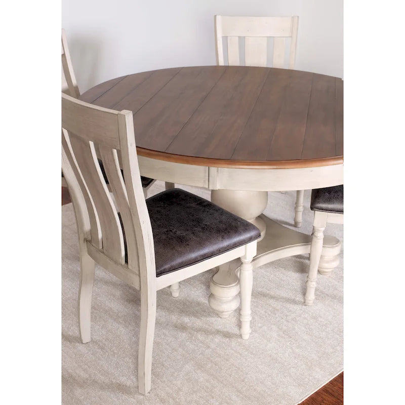 Roundhill Furniture 5-Piece Dining Set: Round Weathered Oak Table with 4 Chairs 4