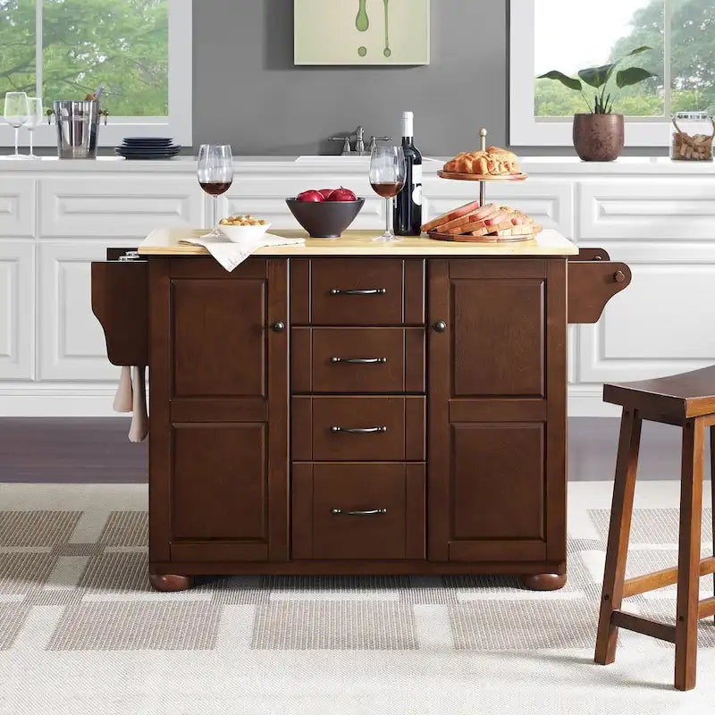 Crosley Eleanor Kitchen Island with Natural Wood Top - Dimensions: 18"D x 51.5"W x 35.25"H 2