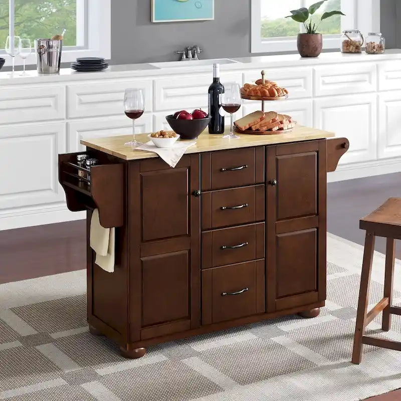 Crosley Eleanor Kitchen Island with Natural Wood Top - Dimensions: 18"D x 51.5"W x 35.25"H 3