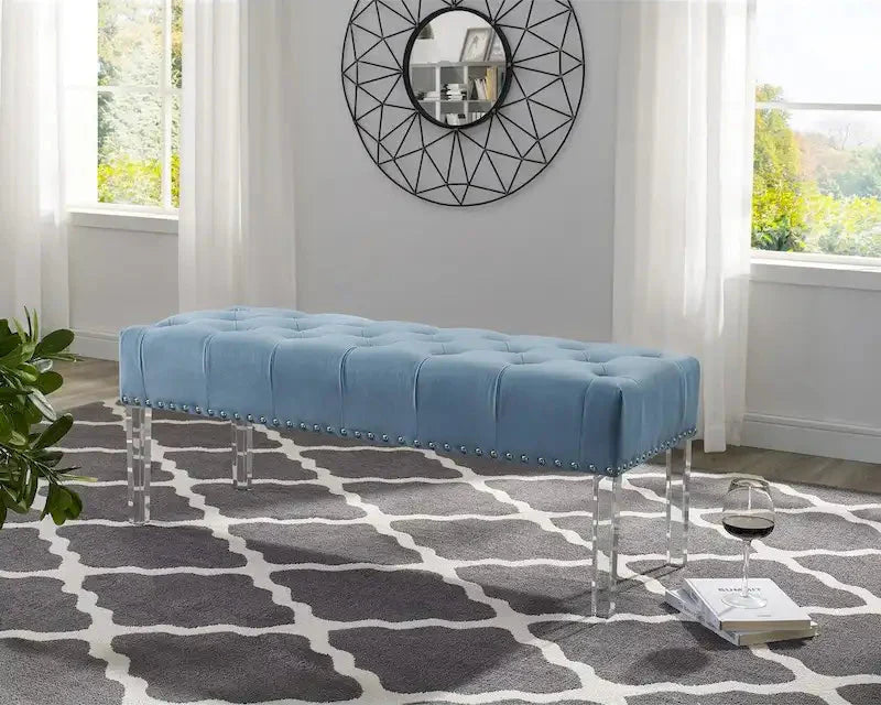 Tufted Upholstered Bench with Acrylic Legs and Nailhead Trim
