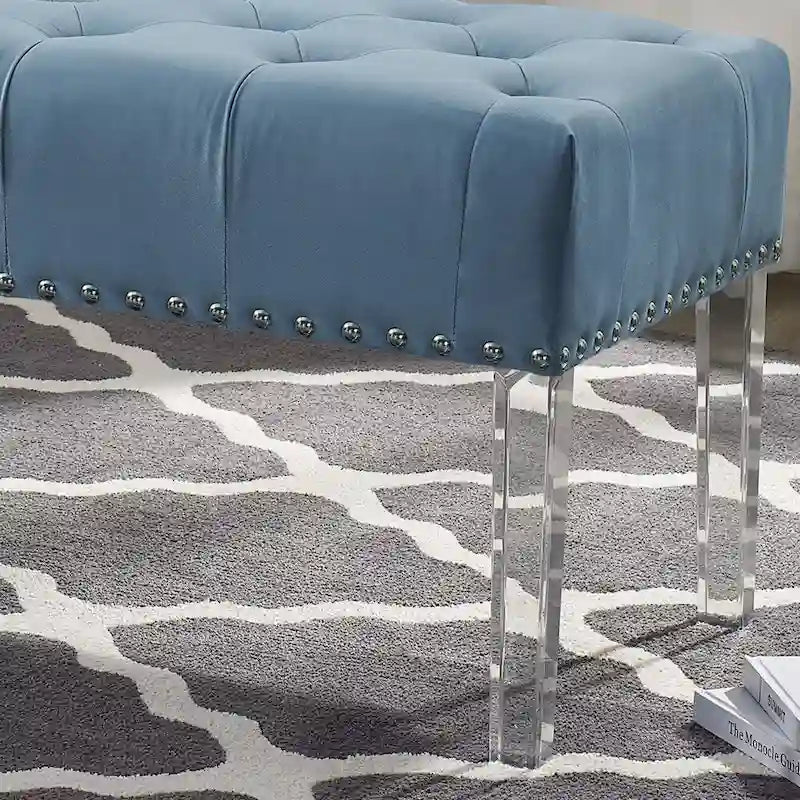 Roundhill Furniture Valley Velvet Upholstered Bench with Button Tufting and Acrylic Legs 3