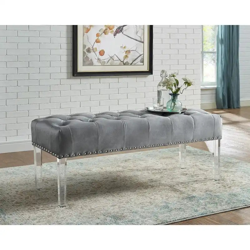 Tufted Upholstered Bench with Acrylic Legs and Nailhead Trim 5