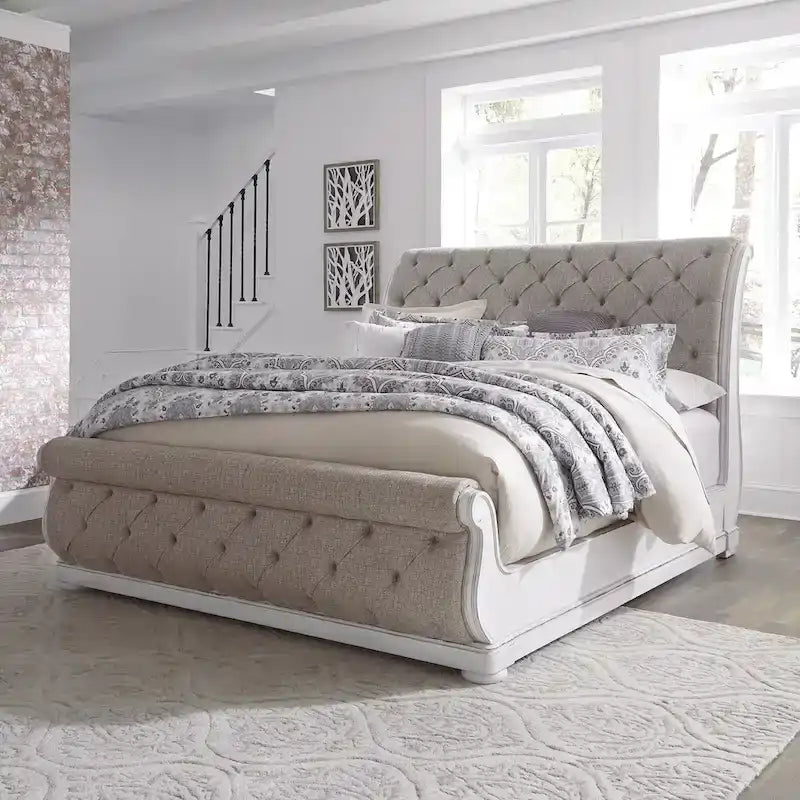 Antique White King Sleigh Bed with Upholstered Design from Magnolia Manor 1