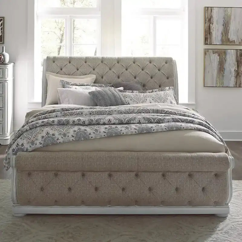 Antique White King Sleigh Bed with Upholstered Design from Magnolia Manor 2