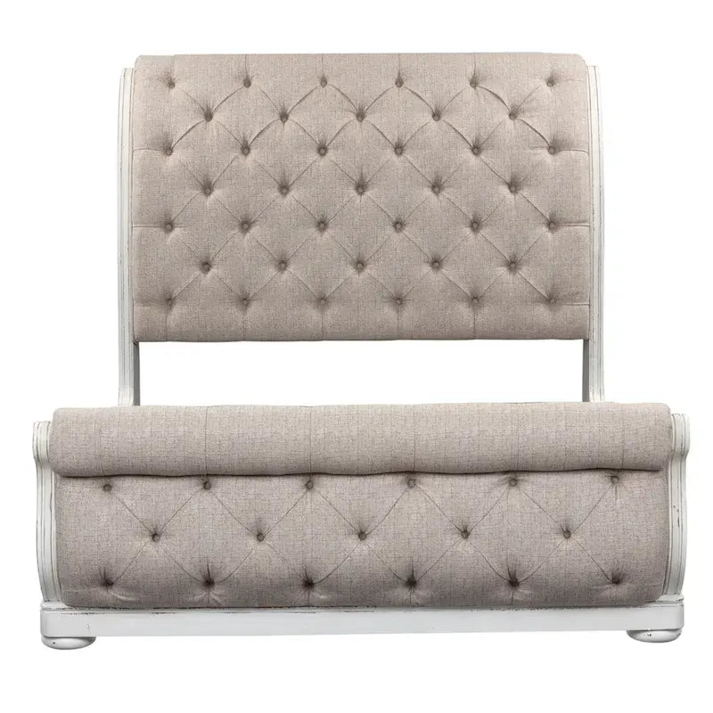 Antique White King Sleigh Bed with Upholstered Design from Magnolia Manor 4